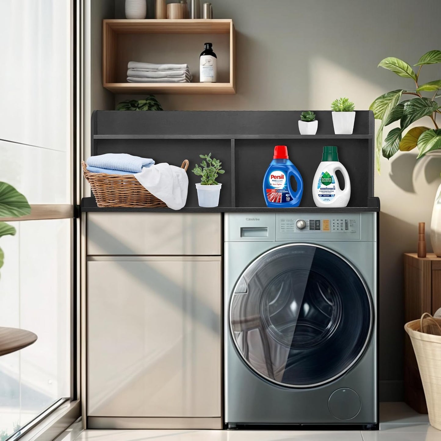 Royxen 2-Tier Washer Dryer Countertop,19.5"H Wood Washer and Dryer Topper with Storage Shelf,Laundry Countertop Over Washer Machine, Universal Fit for Laundry Room Organization (Black, 54"W X 27.5"D) - NestledHome