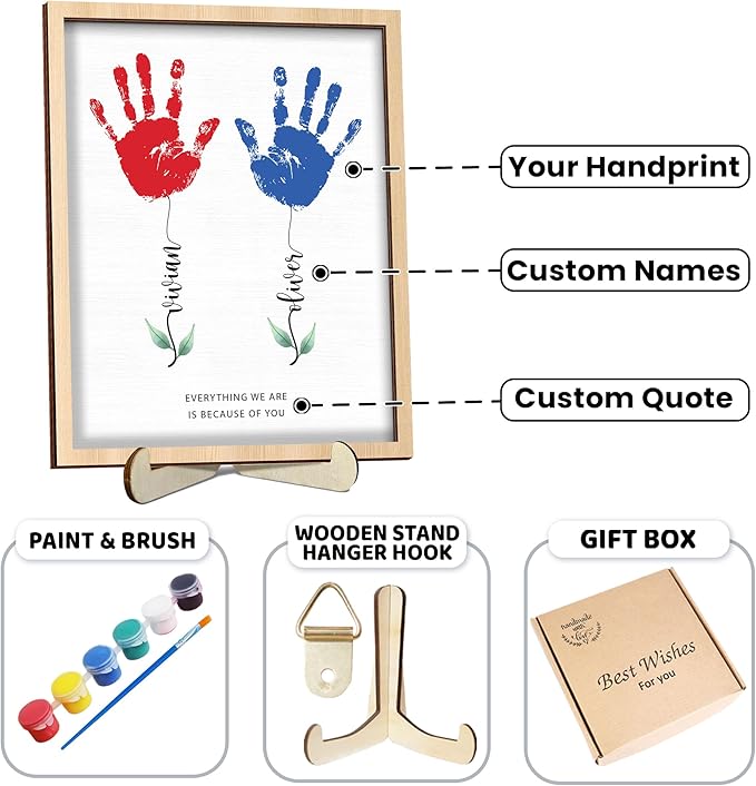 Personalized Mothers Day Handprint Gift, Kids Art Frame with Paint, Family Handprint Kit, Custom Art Craft Keepsake Sign, Gifts for New Parents, Mom, Grandma Nana, Nursery Home Decor