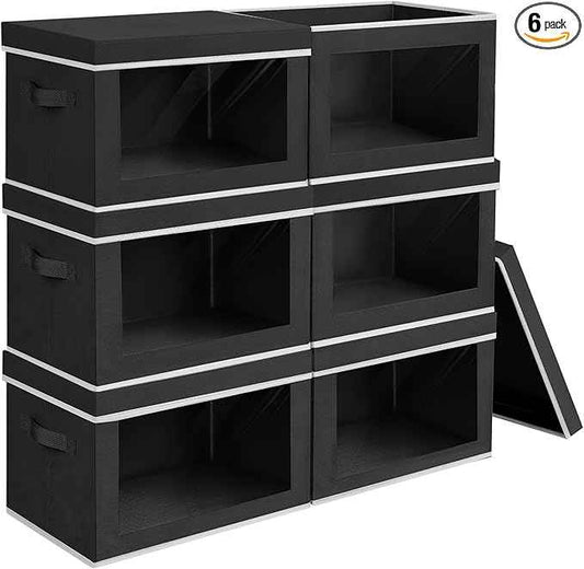 Large Storage Bins with Lids - Fabric Storage Cubes with Window, Collapsible Bins for Clothes, 15.7 Inch Large Baskets for Bedroom, Dorm, Office, Black, 6 Pack
