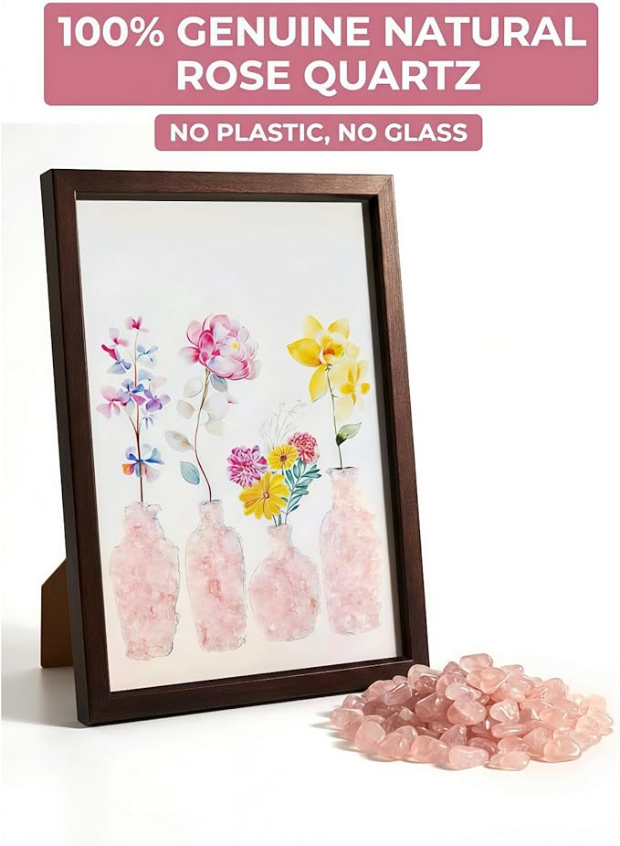 Boohyjtong DIY Rose Quartz Crystal Art Kit - Natural Pink Gemstone Mosaic Wall Decor, Framed Floral Vase Craft for Adults, Healing Love Stone Gift for Her, Wedding & Home Decor (Includes A4 Frame)