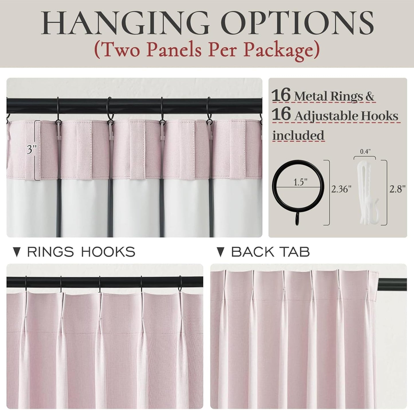 Light Soft Pink Room Darkening Drapes 63 Inches Long 2 Panels Set for Kitchen, Modern Pinch Pleat Blackout Natural Linen Curtains Thermal Insulated with Back Tab Curtain 63 Inch Long Cafe Window Burg