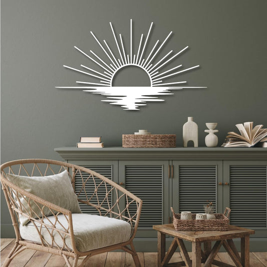 Sunrise Metal Wall Art, Metal Sun Wall Decor, Metal Sun Outdoor Decor, Large Metal Sun Wall Art, Sun Wall Art, Boho Sun Wall Art, Sunshine Metal Sign, Living Room Bedroom Wall Hangings (White, 35"x 20"| 90x53cm )