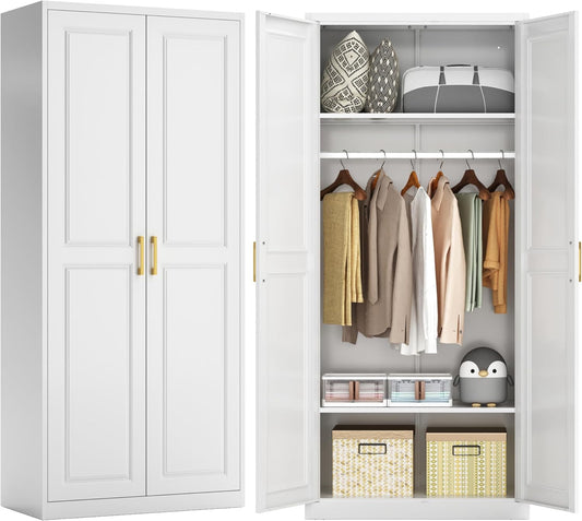 71" Metal Armoire Wardrobe Closet with 2 Doors, Tall Wardrobe Cabinet with Hanging Rod and Adjustable Shelves, White Clothing Storage Cabinets for Bedroom, Laundry Room, Home Office - NestledHome