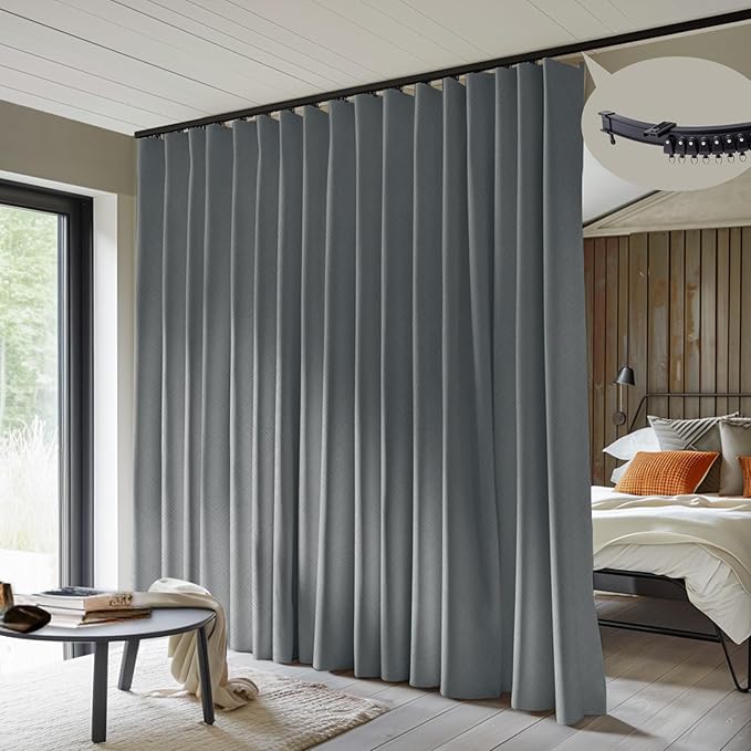 Room Divider Curtains with Flexible Ceiling Curtain Tracks Set,100% Blackout Floor to Ceiling Curtains Patio Sliding Door Curtains (Dark Grey Drape & Black Rail W 12.5 × H 8 FT)