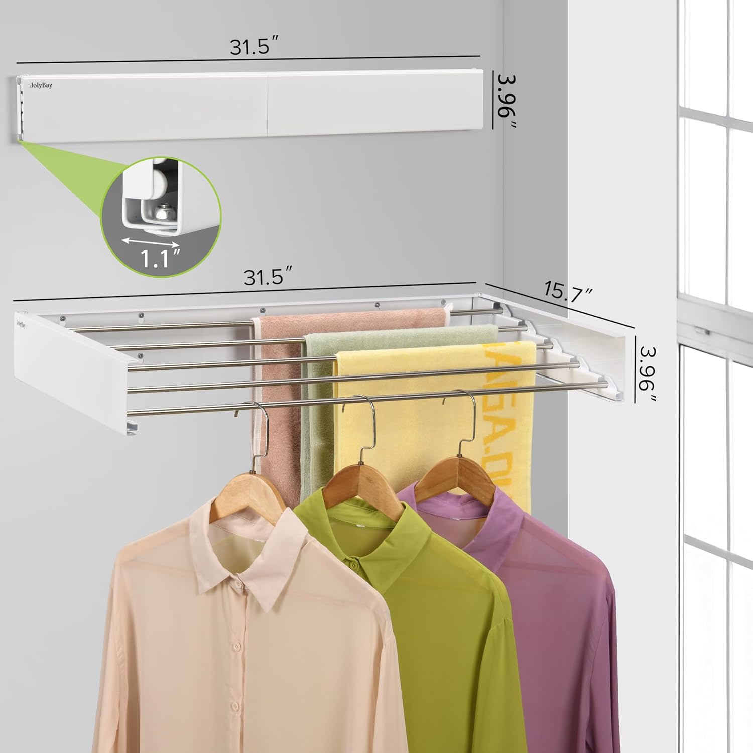 Wall Mounted Laundry Drying Rack, Retractable Clothes Drying Rack for Bathroom with Wall Template, 5 Stainless Rods Heaving 60 lb Capacity (White, 31.5") - NestledHome