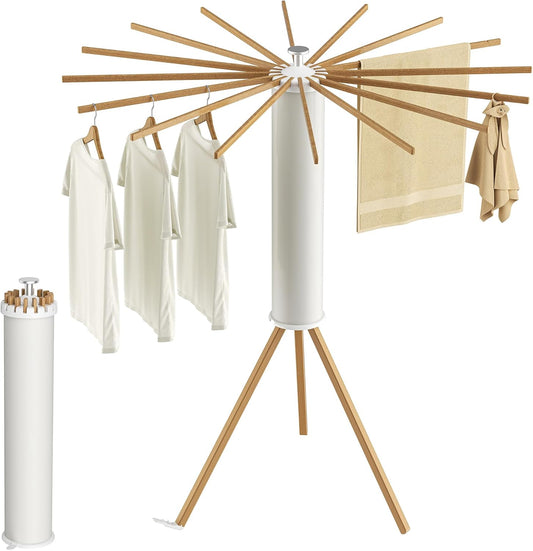 Tripod Clothes Drying Rack, Garment Rack Portable and Foldable Space Saving Laundry Drying Rack - Dryer Rack Clothing Floor Folding Balcony Bedroom Household (Beige(Wood), 16 rods) - NestledHome