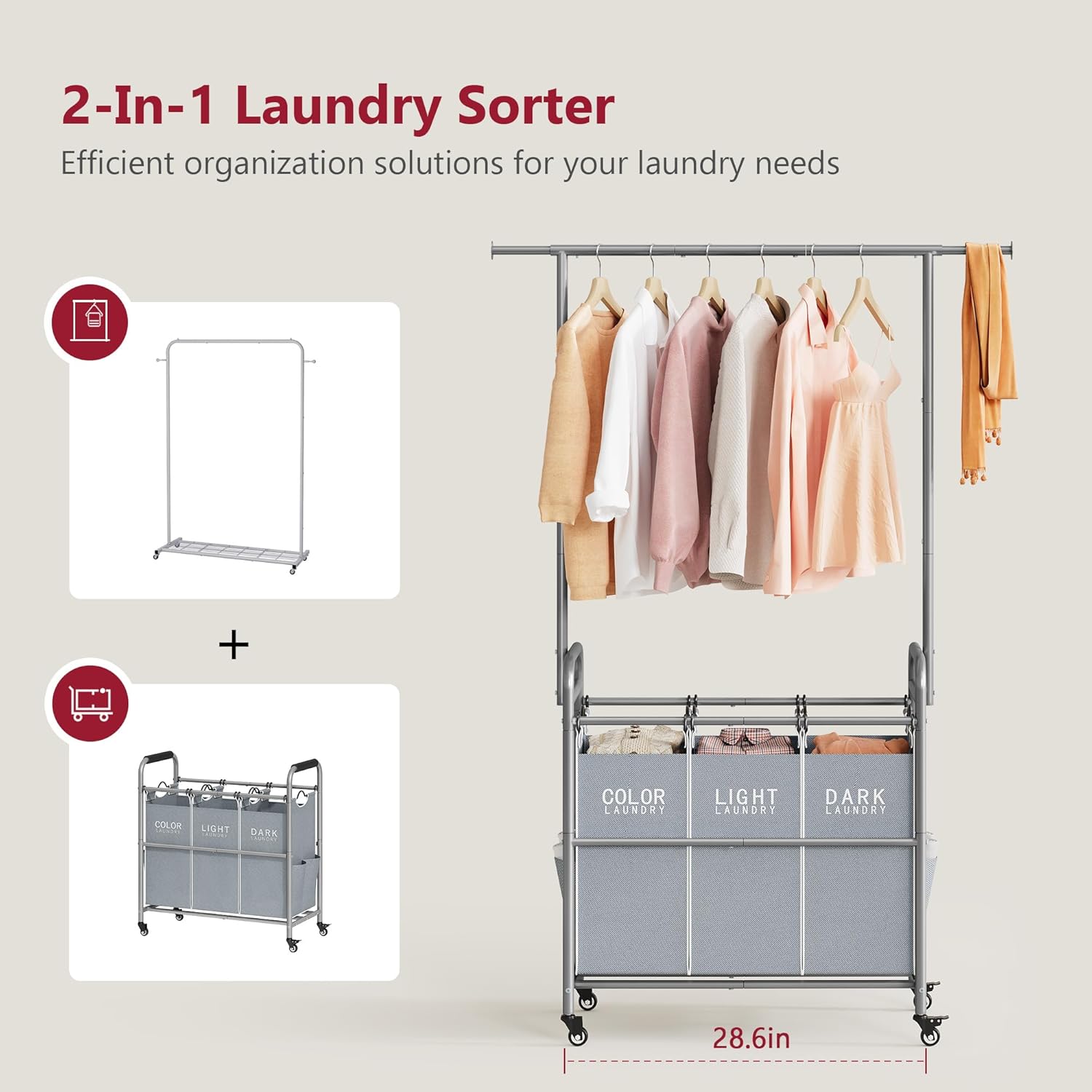 Tajsoon Laundry Sorter with Hanging Bar, 3 Section Rolling Laundry Hamper with Heavy Duty Lockable Wheels, Laundry Basket with Hanging Rack for Bedroom, 3 Gray - NestledHome