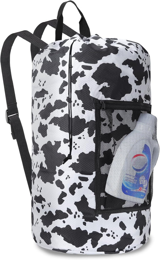 Femuar Laundry Bag Backpack Durable Laundry Bag with Shoulder Straps and Mesh Pockets Portable Laundry Dirty Clothes Hamper Bag for College Dorm (Cow Print) - NestledHome