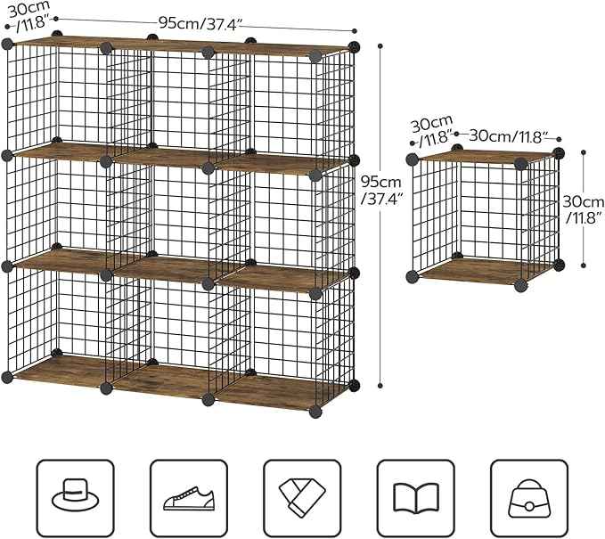 HOOBRO Wire Cube Storage Organizer, 9-Cube Shelves, Modular Shelves with Metal Grid, DIY Closet Cabinet for Living Room, Bedroom, Rustic Brown and Black BF09CW01
