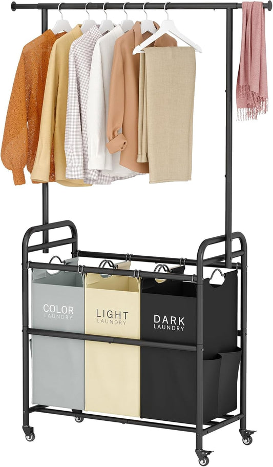 Tajsoon Laundry Sorter Cart with Hanging Clothes Rack, 3 Butler Sorter Basket Organizer, Laundry Hamper Cart with Heavy Duty Rolling Lockable Wheels, 3 Colors - NestledHome