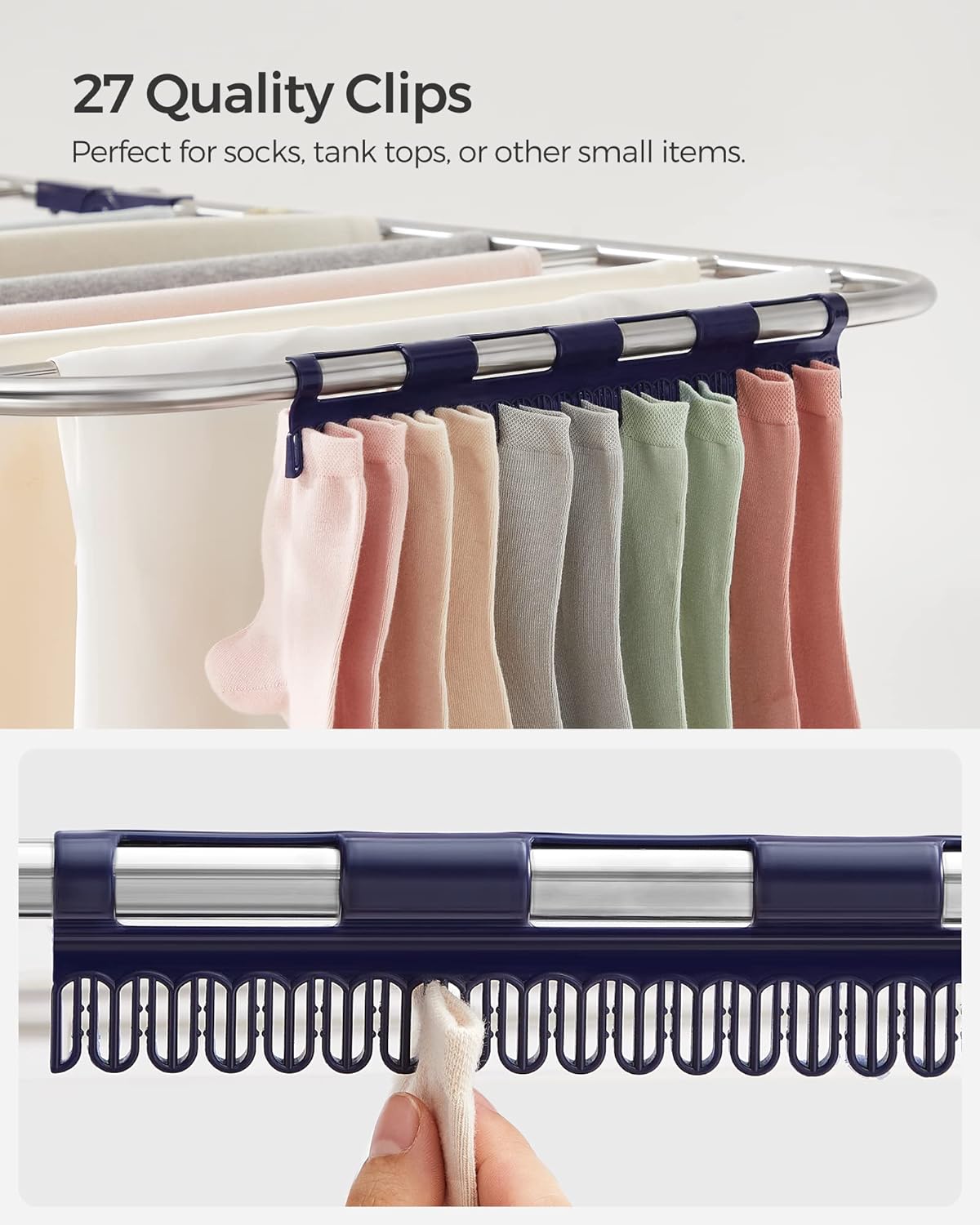 SONGMICS Clothes Drying Rack, Foldable 2-Level Laundry Drying Rack, Free-Standing Laundry Airer, with Height-Adjustable Wings, 33 Drying Rails, Sock Clips, Silver and Blue ULLR53BUV1 - NestledHome