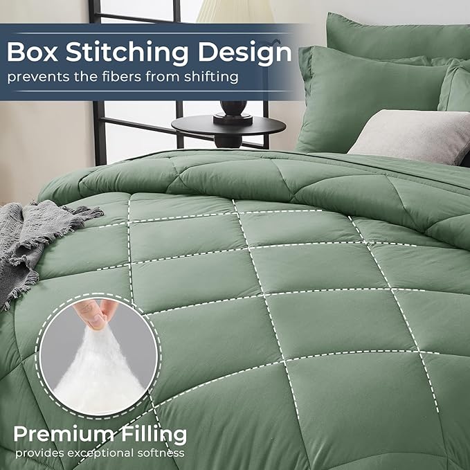 HEVUMYI Sage Green California King Comforter Set - 7-Piece All Season Bed in a Bag Cal King, Ultra Soft Bedding Set with Comforter, Flat Sheet, Fitted Sheet, Pillowcases, Pillow Shams