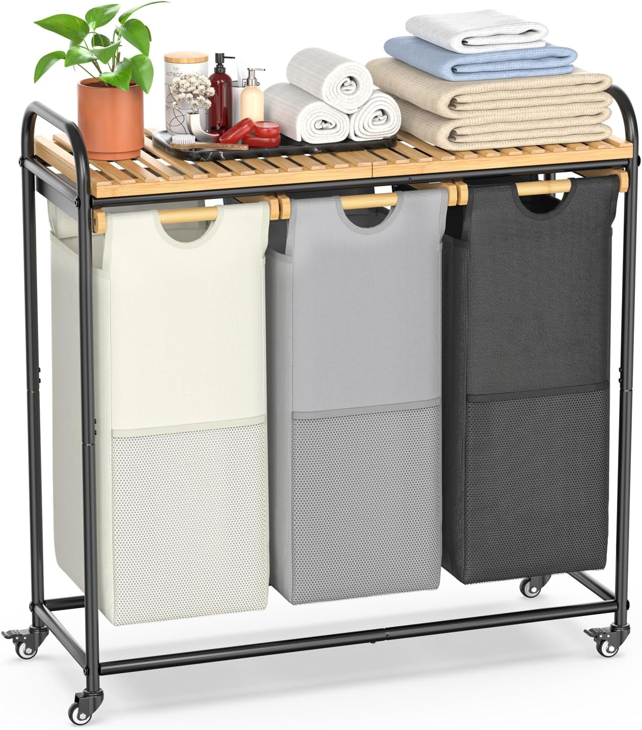 Laundry Hampers 3 Section, Laundry Sorter with Removable Shelf and Pull-Out Bags, Clothes Hampers with Wheels Rolling Cart Basket for Laundry Room Bathroom, 3 x 40 L (Black White Gray) - NestledHome
