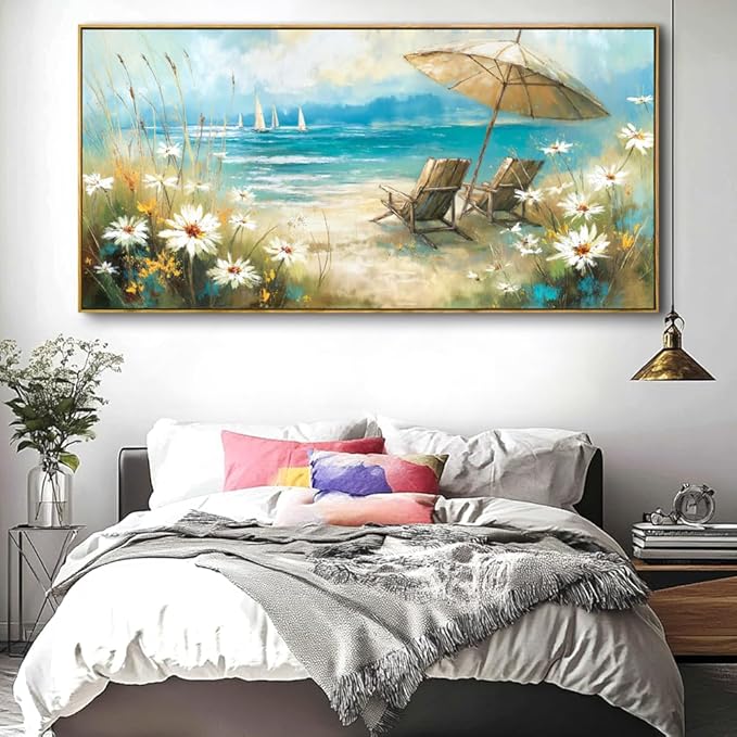 Beach Landscape Wall Art - Framed Modern Canvas Painting for Living Room, Bedroom Home Office Decor, 48x24 Inch Ready to Hang