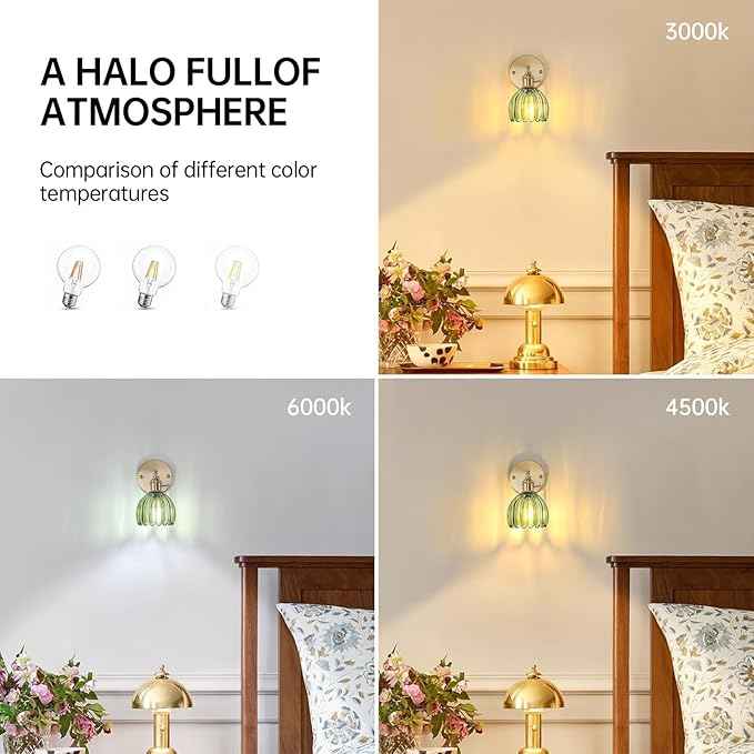 Vintage Wall Sconces with Green Tulip Glass Lampshade 180 Degree Adjustable Brass Sconces Hradwired Modern Wall Lighting Fixture with Switch for Bedside Bedroom Doorway