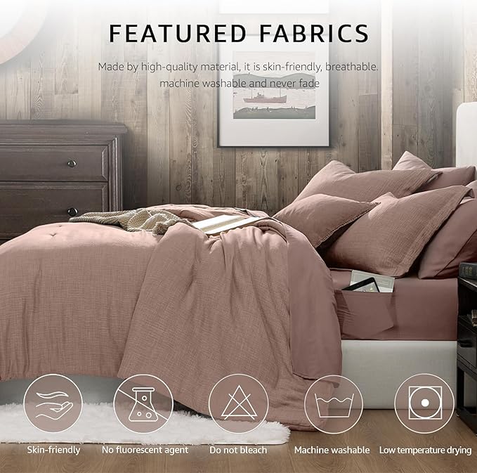 Geniospin Full Comforter Set - 7 Pieces Comforter Full Size, Solid Bedding Sets for All Season, Textured Bed in a Bag with Sheets, Pillowcases and Shams (Misty Rose, 80''x90'')