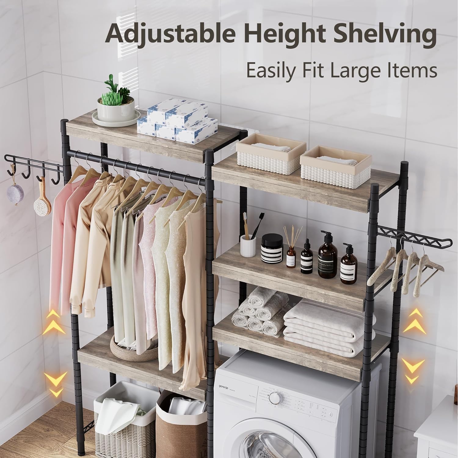 CABIHOME Heavy-Duty Laundry Shelf with Drying Racks | Space-Saving Adjustable Over-Washer Storage Organizer | 4-Tier Bathroom & Laundry Room Shelving Unit (Engineered Wood, 28") - NestledHome