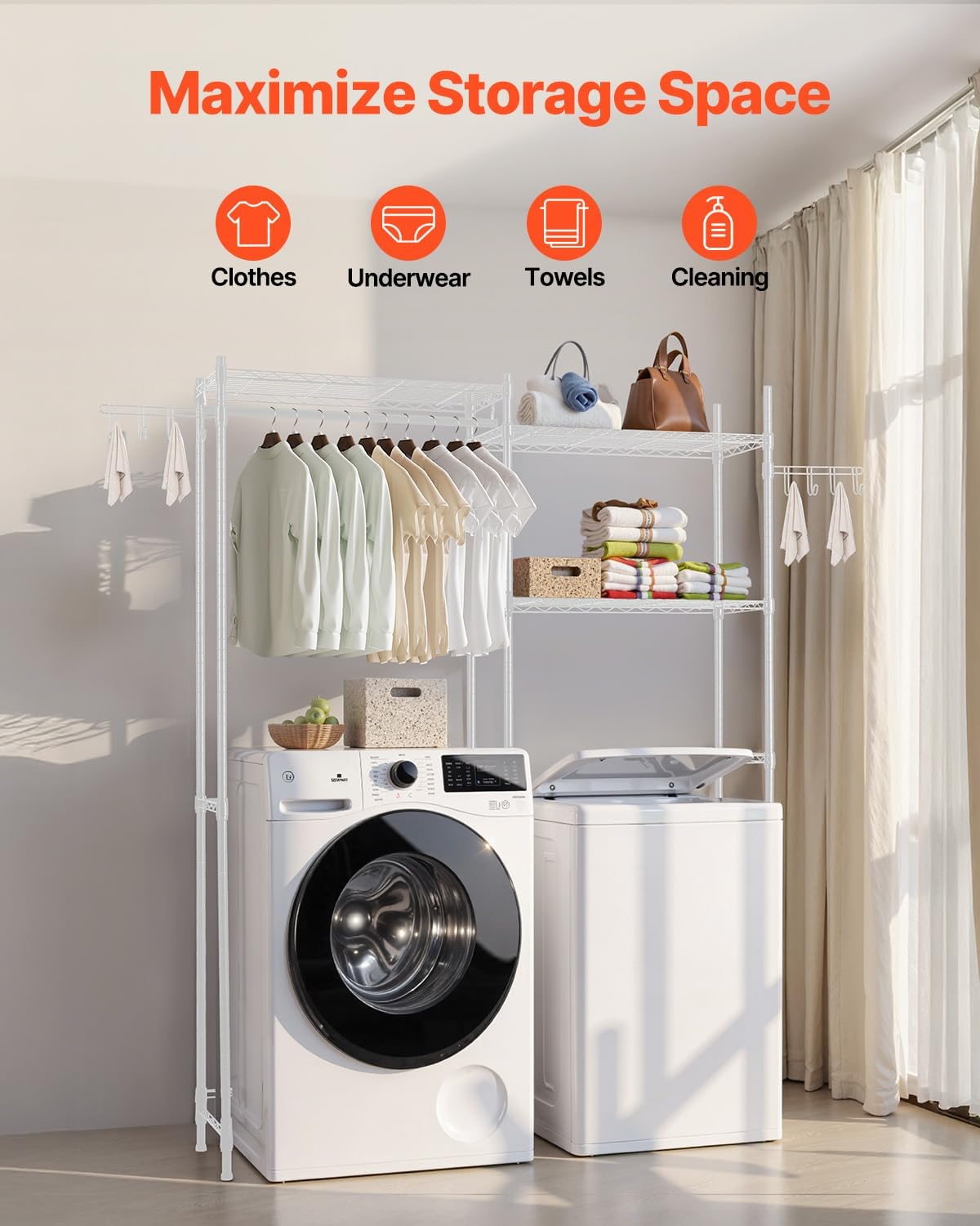 VEVOR Over The Washer and Dryer Storage Shelf, 5 Tier Laundry Room Drying Rack with Hanger Rod and Hooks, Adjustable Over Washer and Dryer Shelves, Laundry Room Shelf Storage Space Saver, White - NestledHome
