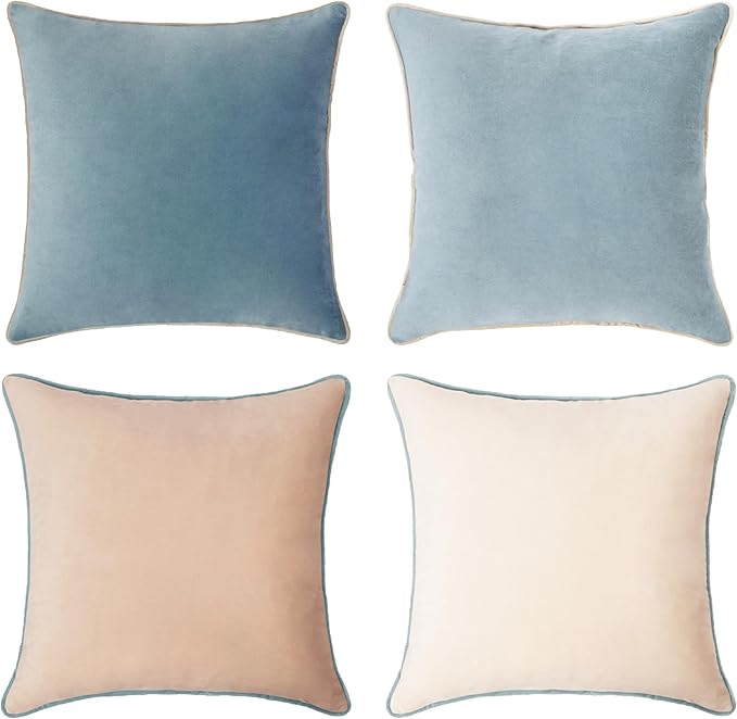 MONDAY MOOSE Decorative Throw Pillow Covers Cushion Cases, Set of 4 Soft Velvet Modern Double-Sided Designs, Mix and Match for Home Decor, Pillow Inserts Not Included (16x16 inch, Beige/Light Blue)