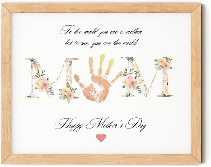 TwoDays Mother's Day Handprint Gift from Kids - DIY Keepsake Craft for Mom & Grandma, Family Activity Handprint & Flower Kit, Great Gift for Mother’s Day (11" X 14", Wood Frame)