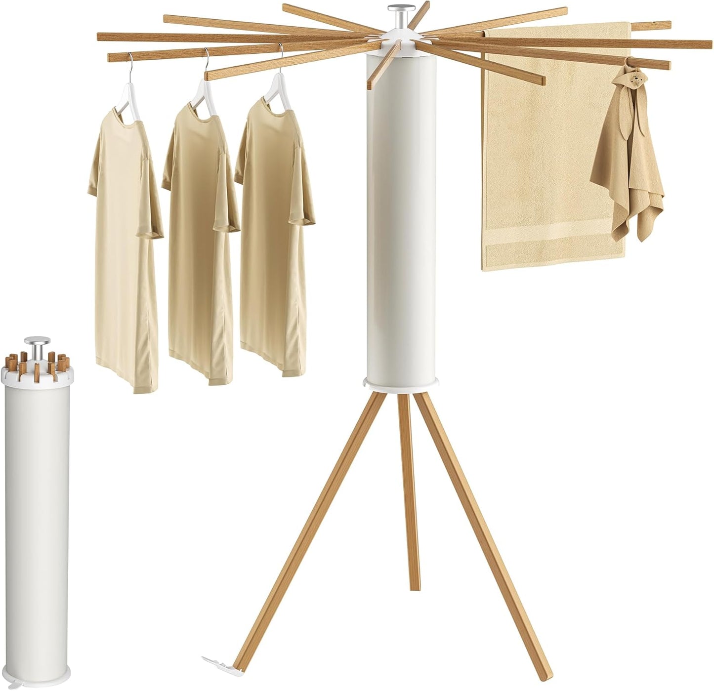 Tripod Clothes Drying Rack, Garment Rack Portable and Foldable Space Saving Laundry Drying Rack - Dryer Rack Clothing Floor Folding Balcony Bedroom Household (Beige(Wood), 12 rods) - NestledHome