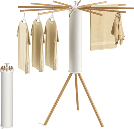 Tripod Clothes Drying Rack, Garment Rack Portable and Foldable Space Saving Laundry Drying Rack - Dryer Rack Clothing Floor Folding Balcony Bedroom Household (Beige(Wood), 12 rods) - NestledHome