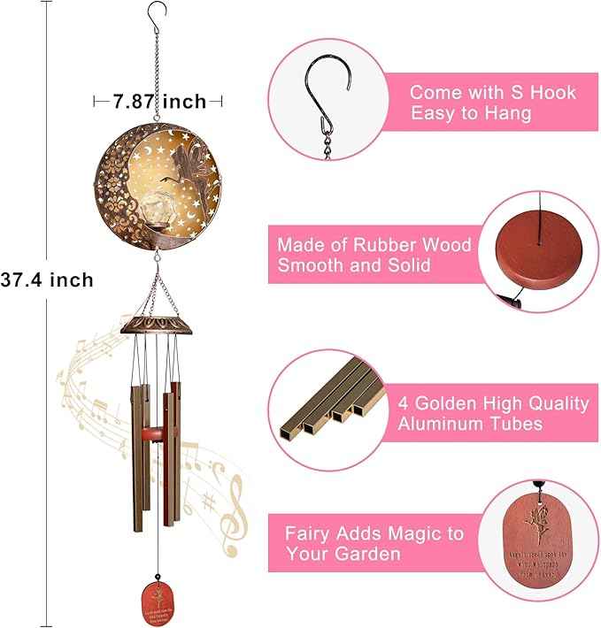 Tryme Wind Chimes Outdoor Fairy Hanging Solar Lights with 4 Aluminum Tubes, Moon Yard Decorations for Patio, Porch, Deck, Perfect Gardening Gifts for Women