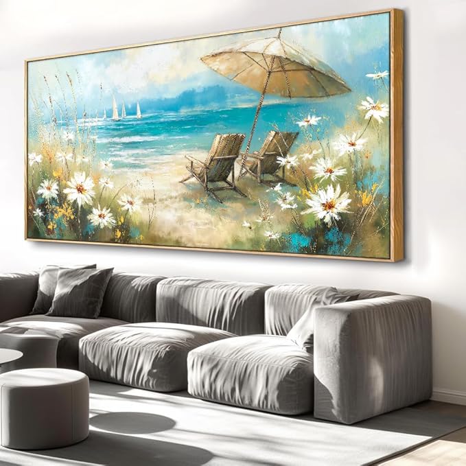 Beach Landscape Wall Art - Framed Modern Canvas Painting for Living Room, Bedroom Home Office Decor, 48x24 Inch Ready to Hang