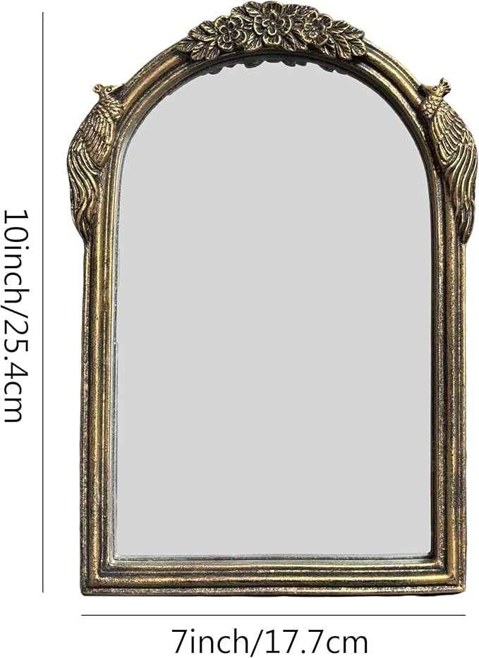 Vintage Vanity Desk Mirror -10x7Inch Wall-Mounted & Tabletop Decorative Ornate Gold Accent Retro Makeup Mirror for Bedroom Dresser Living Room Bathroom Dorm Champagne Gold