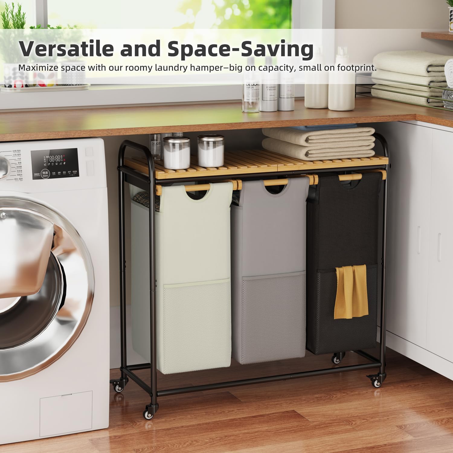 Laundry Hampers 3 Section, Laundry Sorter with Removable Shelf and Pull-Out Bags, Clothes Hampers with Wheels Rolling Cart Basket for Laundry Room Bathroom, 3 x 40 L (Black White Gray) - NestledHome