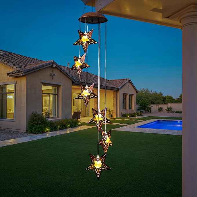 Tryme Solar Wind Chimes Star Wind Chime Warm LED Hanging Solar Lights Unique Garden Decor Memorial Thanksgiving Gifts for Mom Grandma Sister Home Party