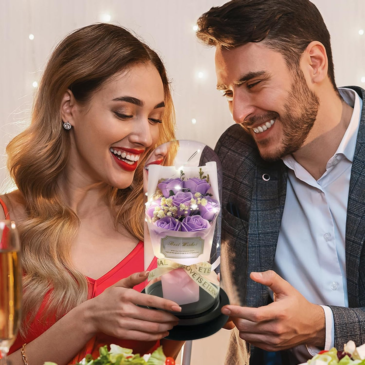 Gift for Her Forever Flower Bouquet for Delivery Prime Preserved Purple Roses Glass Dome LED Light 100 Languages I LOVE YOU Necklace Mothers Day Birthday Romantic Valentines Gift for Wife Women Mom