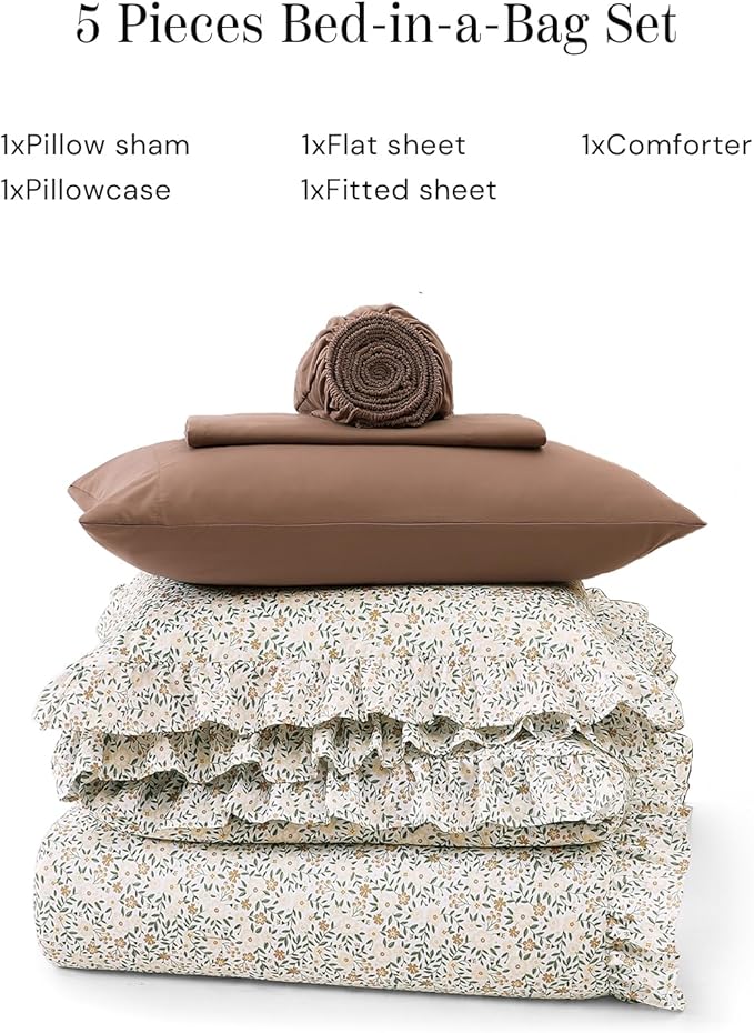 Twin XL Comforter Set - 5 Pieces Ruffle Beige Ditzy Bedding Sets, Shabby Chic Farmhouse Bed in a Bag Twin XL with Floral Comforter, Sheets, Pillowcase & Sham