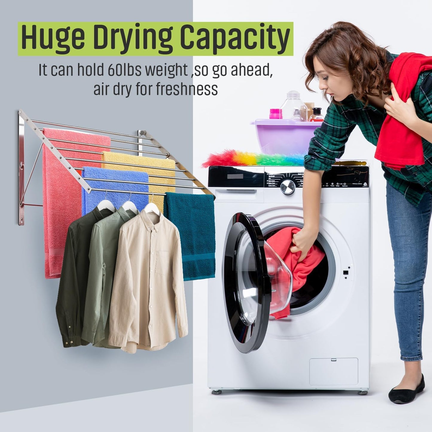 Smartsome | Wall Mounted | Clothes Drying Rack| 22" Wide |15 Linear Feet Capacity | 8 Smooth Round Stainless Steel Rods | 60 lb Capacity | Fully Assembled | Compact Sturdy Space-Saving Design - NestledHome