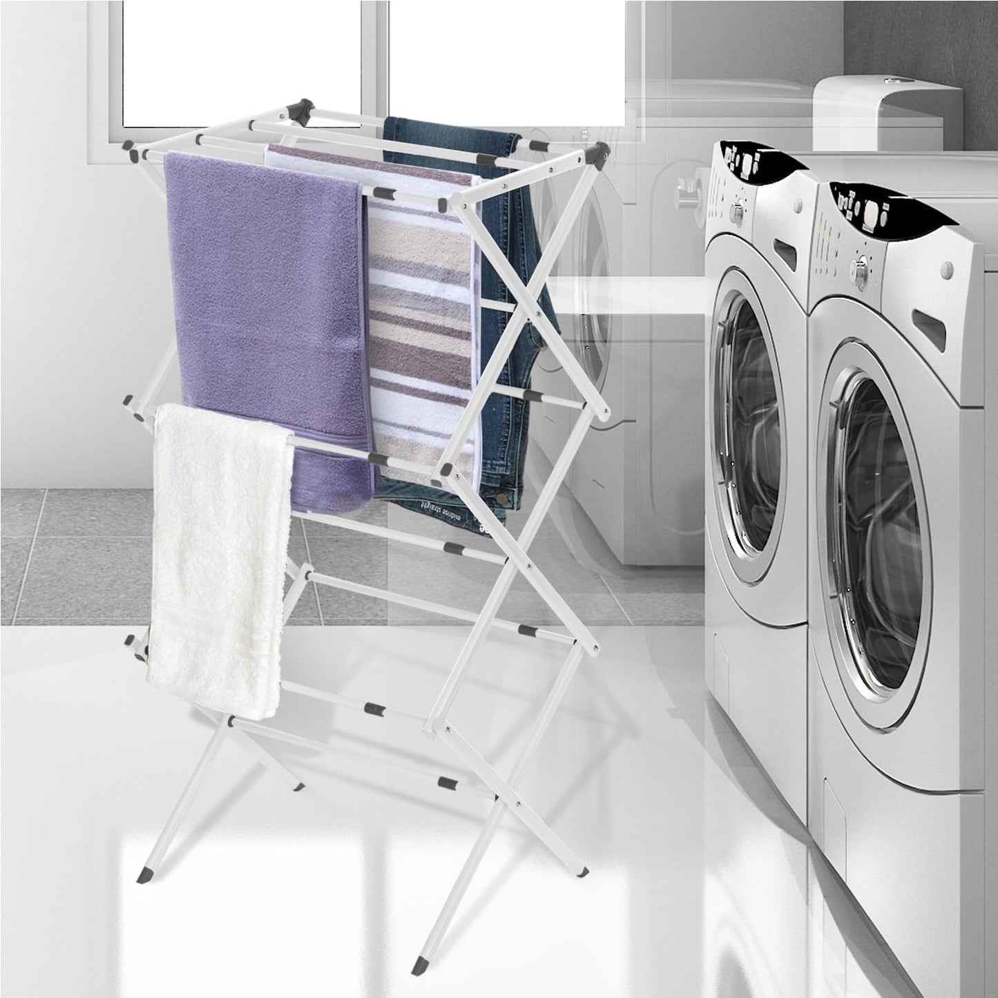 BLACK+DECKER 3 Tier Expandable Collapsing Foldable Laundry Rack for Air Drying Clothing, Space Saving Heavy Duty Lightweight Metal Drying Rack(White) - NestledHome