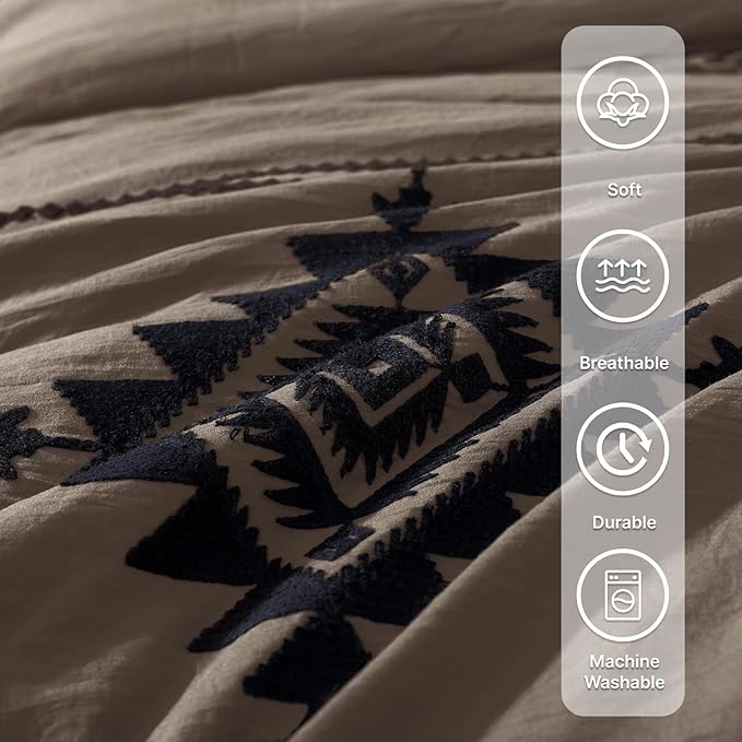 MaiRêve Embroidery King Size Comforter Set Taupe Grey, Boho Farmhouse Western Bedding Set 7 Pieces, All Season Bed in A Bag Comforter Set with Sheets, Pillowcases & Shams
