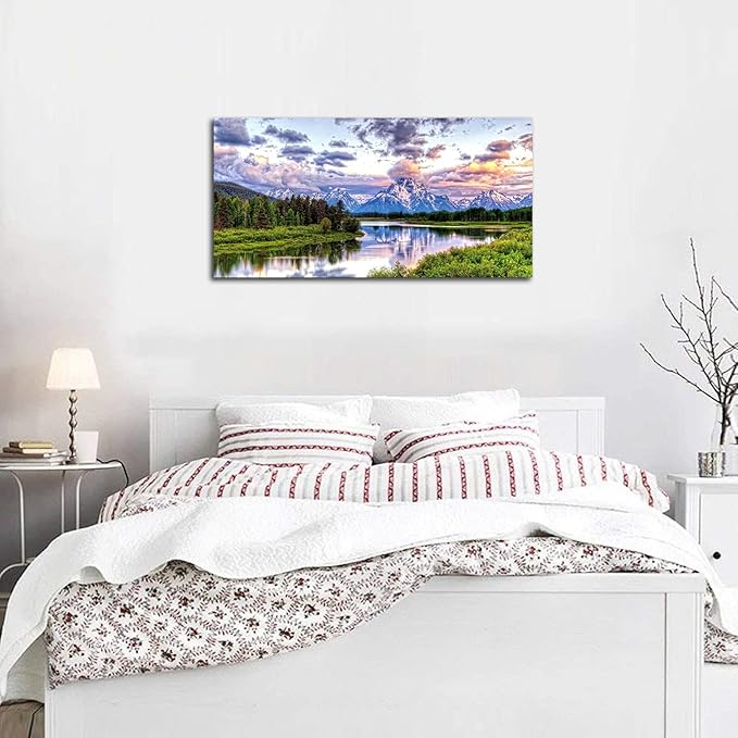 Landscape Canvas Wall Art Nature Picture Oxbow Bend Grand Teton National Park Modern Canvas Artwork River and Forest Contemporary Wall Art Large Size for Home Office Decoration 24" x 48"