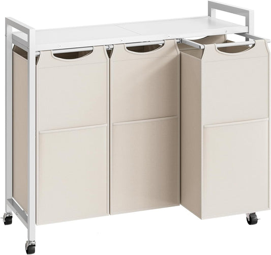 HOOBRO Laundry Sorter 3 Section, Laundry Hamper with Wheels, 3 × 11.5 Gal (43.4L), Rolling Laundry Basket, Pull-Out and Removable Oxford Fabric Bags, White WG76XY01 - NestledHome