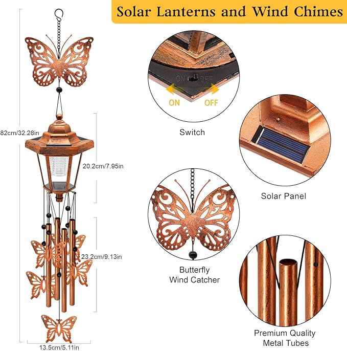 Large Solar Butterfly Wind Chimes, Gift for Women Mom Grandma Wife Sister Daughter Neighbor, Classic Bronze Wind Chimes With Wind Catcher, Solar Decor Lights For Outdoor Garden Patio Yard Porch Window