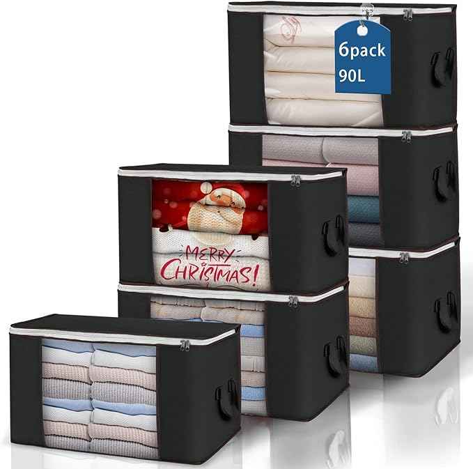 Large Storage Bags, 6 Pack Clothes Storage Bins Foldable Closet Organizers Storage Containers with Durable Handles Thick Fabric for Blanket Comforter Clothing Bedding 90 L (Black)