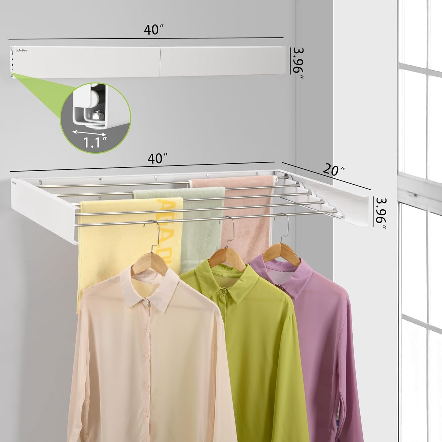 Wall Mounted Laundry Drying Rack, Retractable Clothes Drying Rack for Bathroom with Wall Template, 5 Stainless Rods Heaving 60 lb Capacity (White, 40") - NestledHome