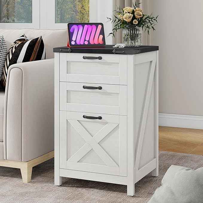 Vabches Vertical File Cabinet with 3 Drawers, Wooden Farmhouse Filing Cabinet for Letter/A4 Size Hanging Files, Under Desk Printer Stand with Storage for Home Office, White and Black