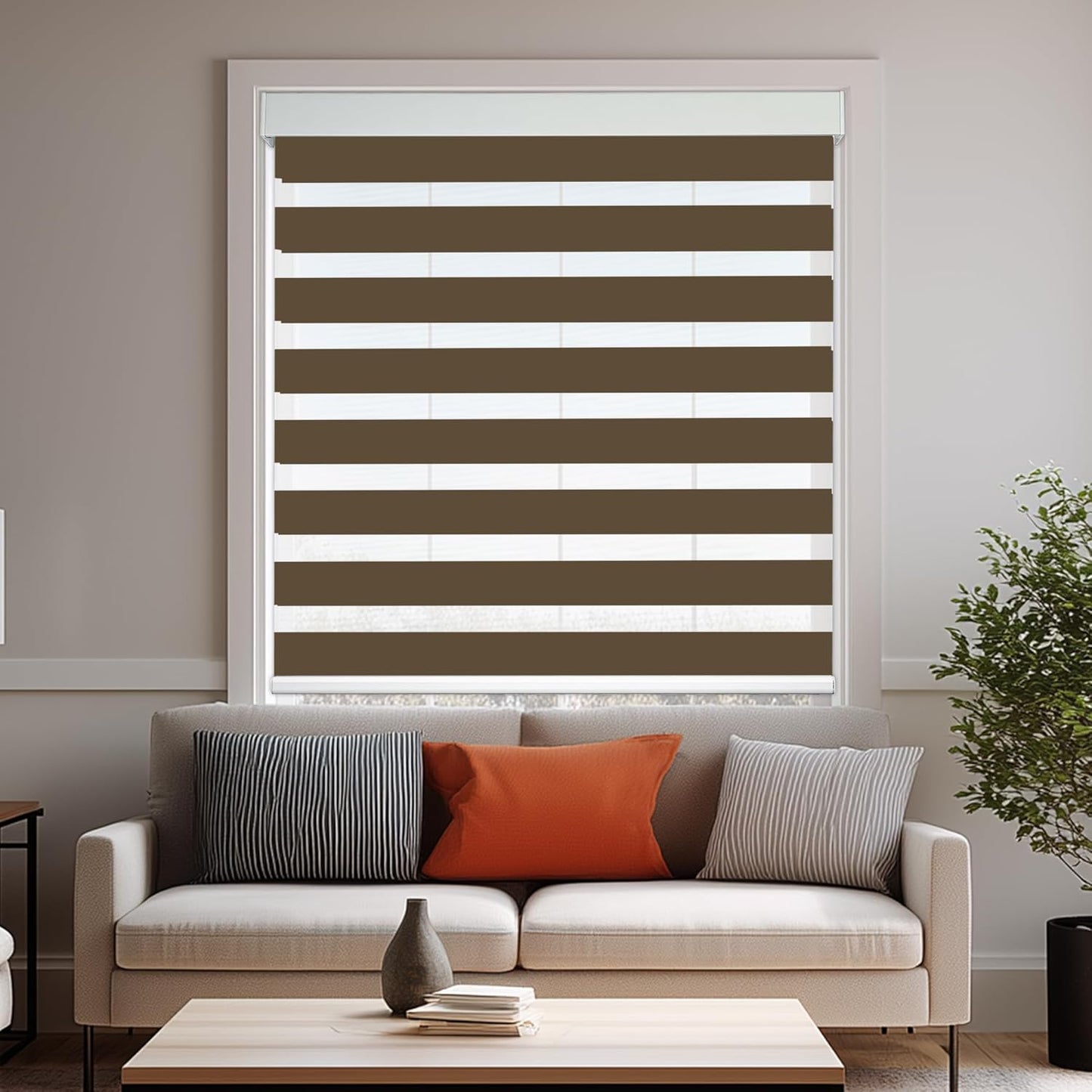 HESTIA Cordless Zebra Blinds Light Filtering Roller Shades UV Blocking Blackout Privacy Indoor Window Shades for Home Office Day and Night, Brown,28" W x 48" H
