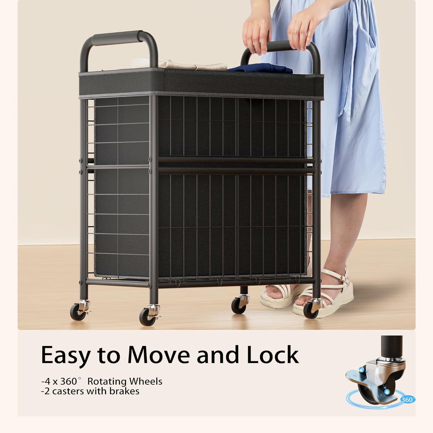 Laundry Hamper 2 Section, 110L Rolling Laundry Sorter Basket with Wheels, 2 Compartment Clothes Organizer Cart, Pull-Out Removable Bags for Laundry Room, Bathroom, Bedroom, Black - NestledHome