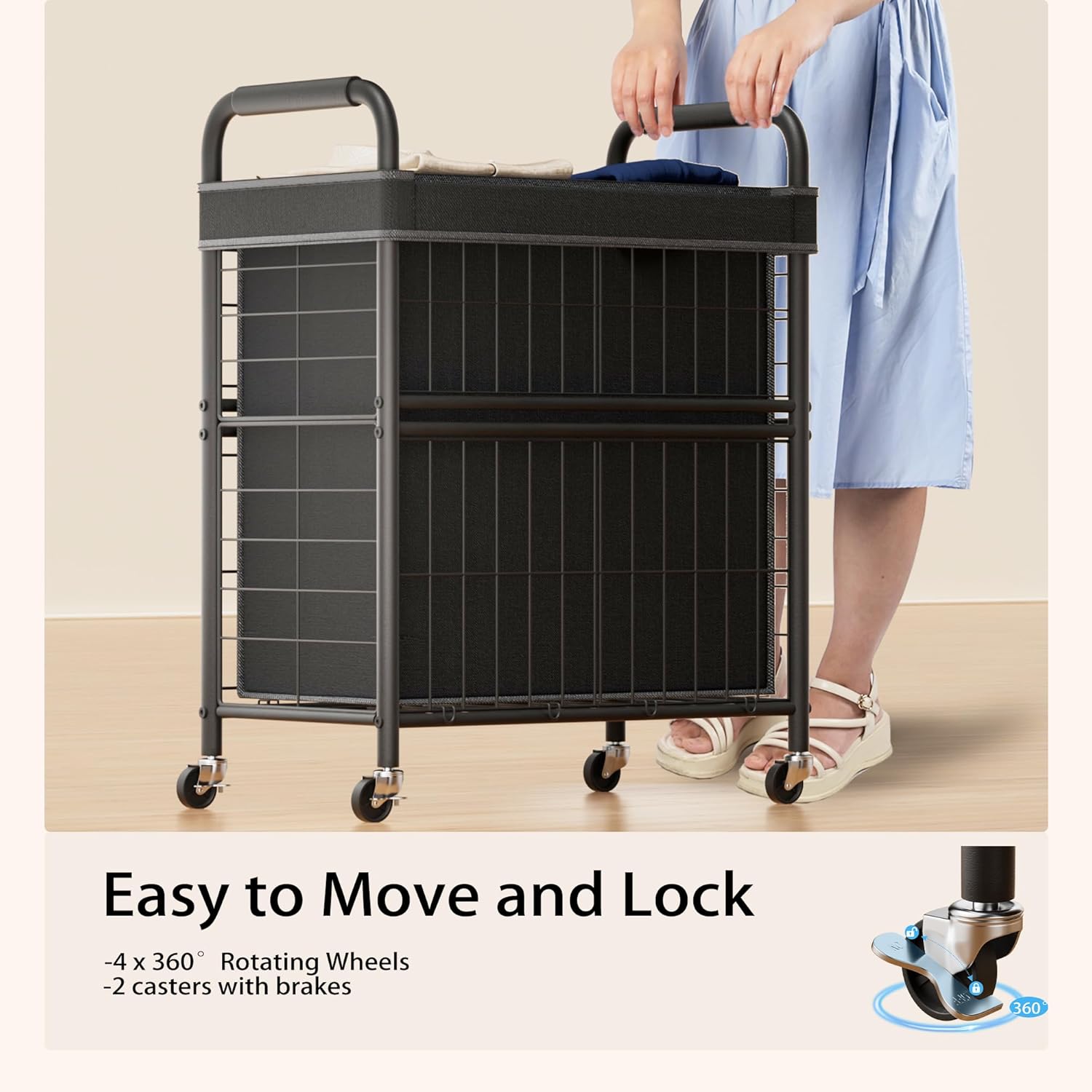 Laundry Hamper 2 Section, 110L Rolling Laundry Sorter Basket with Wheels, 2 Compartment Clothes Organizer Cart, Pull-Out Removable Bags for Laundry Room, Bathroom, Bedroom, Black - NestledHome
