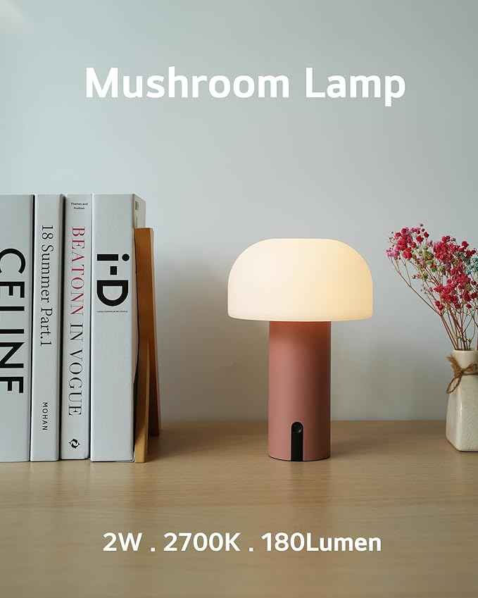 Cordless Mushroom Table Lamp, Waterproof Shower Lamp, Battery Operated Table Lamp Rechargeable, Touch Dimmable Night Light for Bedroom/Patio/Camping/Dinning/Outdoor (Pink)