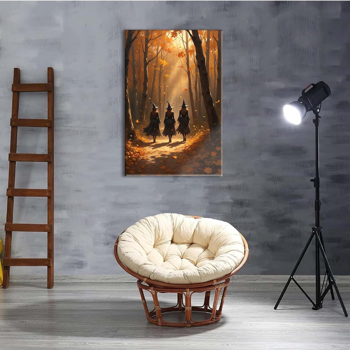 JFHCQJPK Three witches walking in the forest in autumn canvas painting gothic poster halloween print country witch wall art for home decoration24x36in Frameless