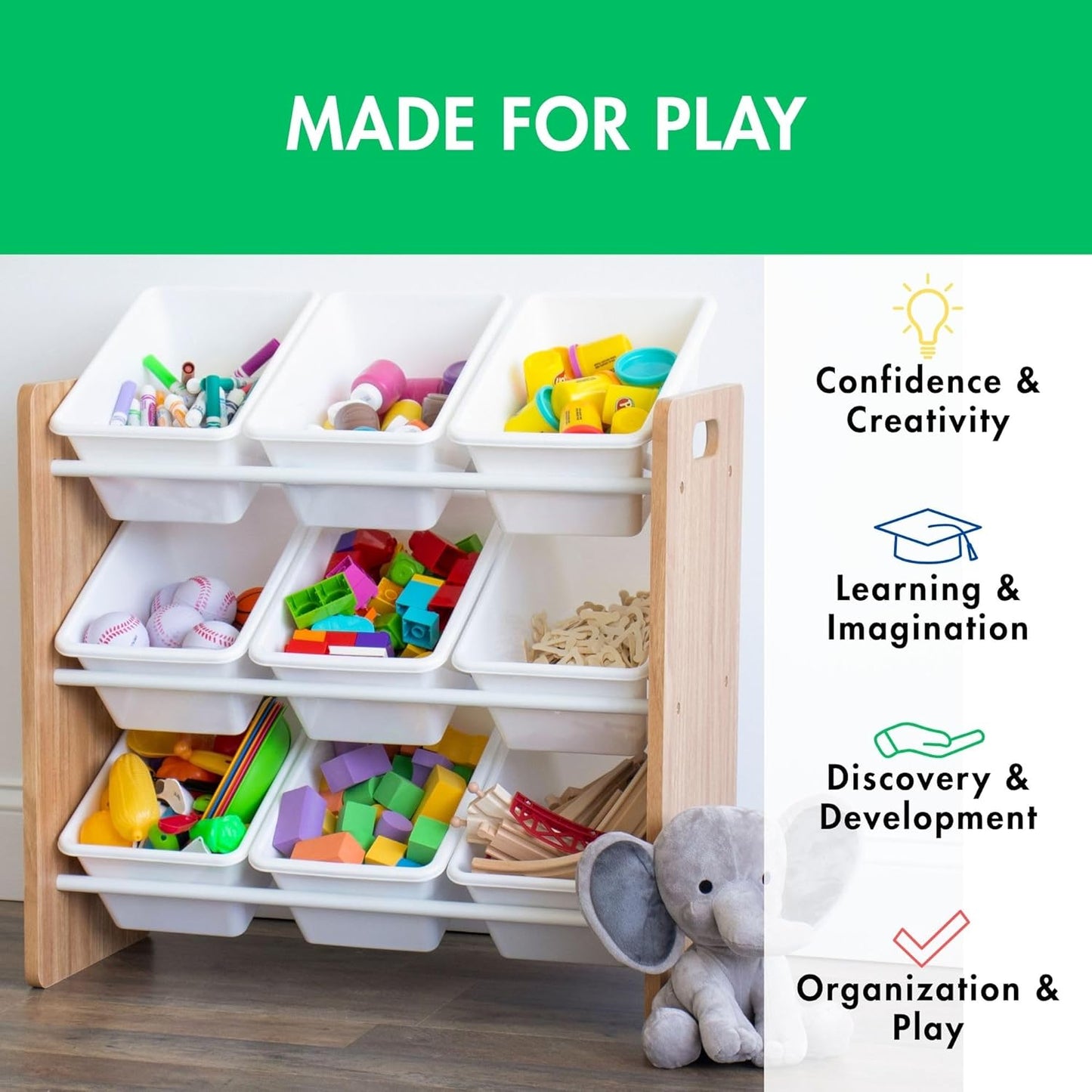 Humble Crew 9-Bin Toy Organizer – Journey Natural Wood with White Plastic Bins, 3-Tier Storage Solution for Kids' Playrooms and Nurseries - NestledHome