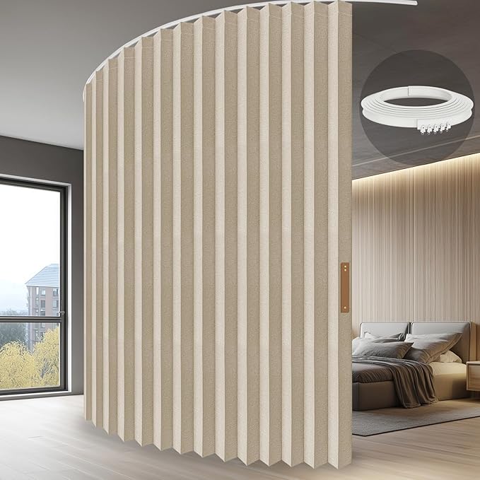 ILRON Accordion Folding Room Partition with Ceiling Track - Retractable Room Divider Curtain, Effortless Setup(Beige 100" W x 96" L-Pack of 1)