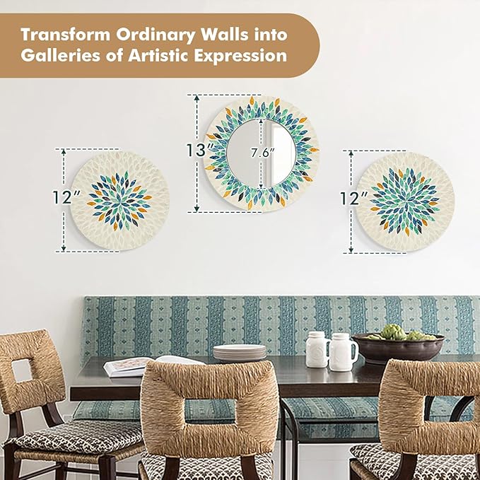 Jewel-Tone Mother of Pearl Mirror Wall Decor for Living Room, 3PCS Handmade Round Wall Art for Home Guest Room Decoration, Unique Mosaic Art Gift for Birthday Wedding Housewarming (Colored)